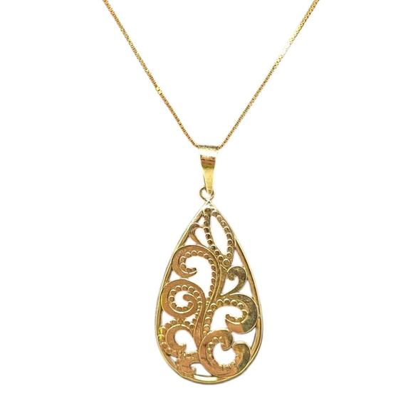 JCM 14K Yellow Gold Filigree Teardrop Pendant Necklace – 17.5”, 2.08g - Picture 2 of 5